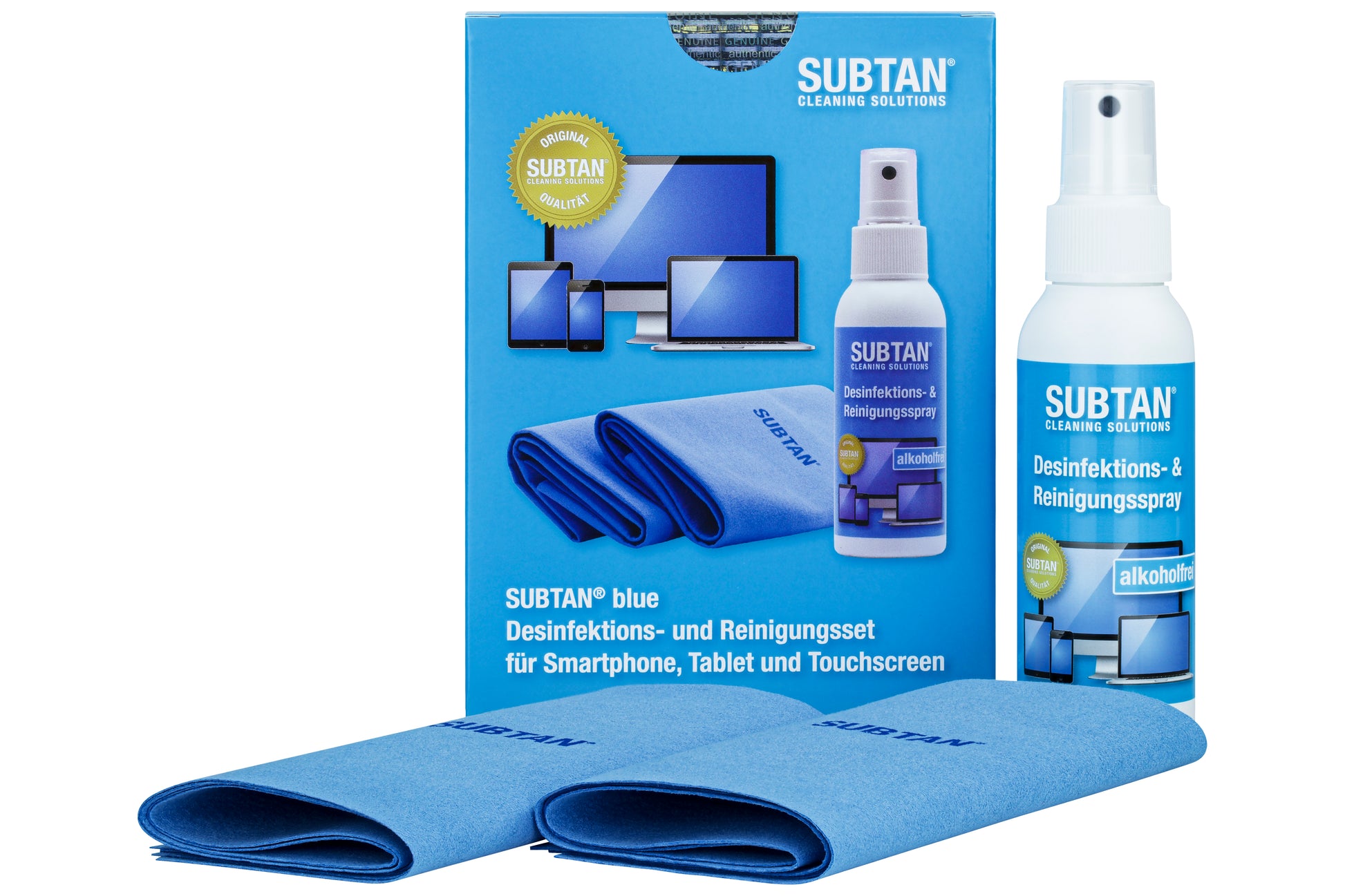 SUBTAN Blue Desinfektionsset mit 100 ml HOCl-Spray und Premium-Reinigungstuch auf weißem Hintergrund