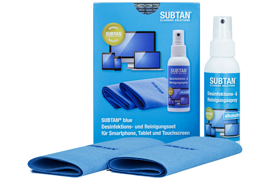 SUBTAN Blue Desinfektionsset mit 100 ml HOCl-Spray und Premium-Reinigungstuch auf weißem Hintergrund