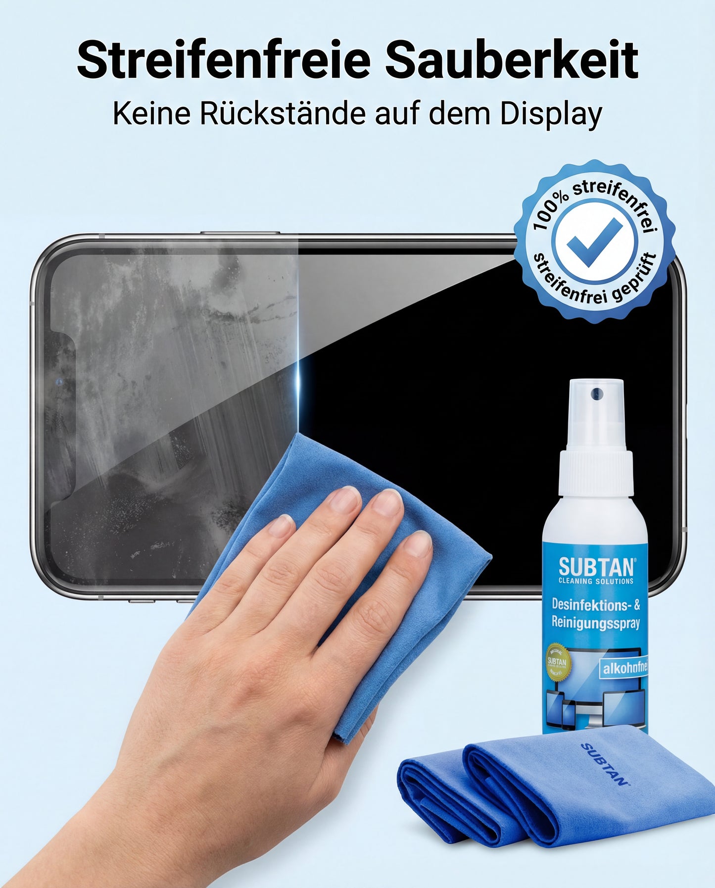Display-Desinfektionsset SUBTAN® Blue | 100 ml + 2 Tücher