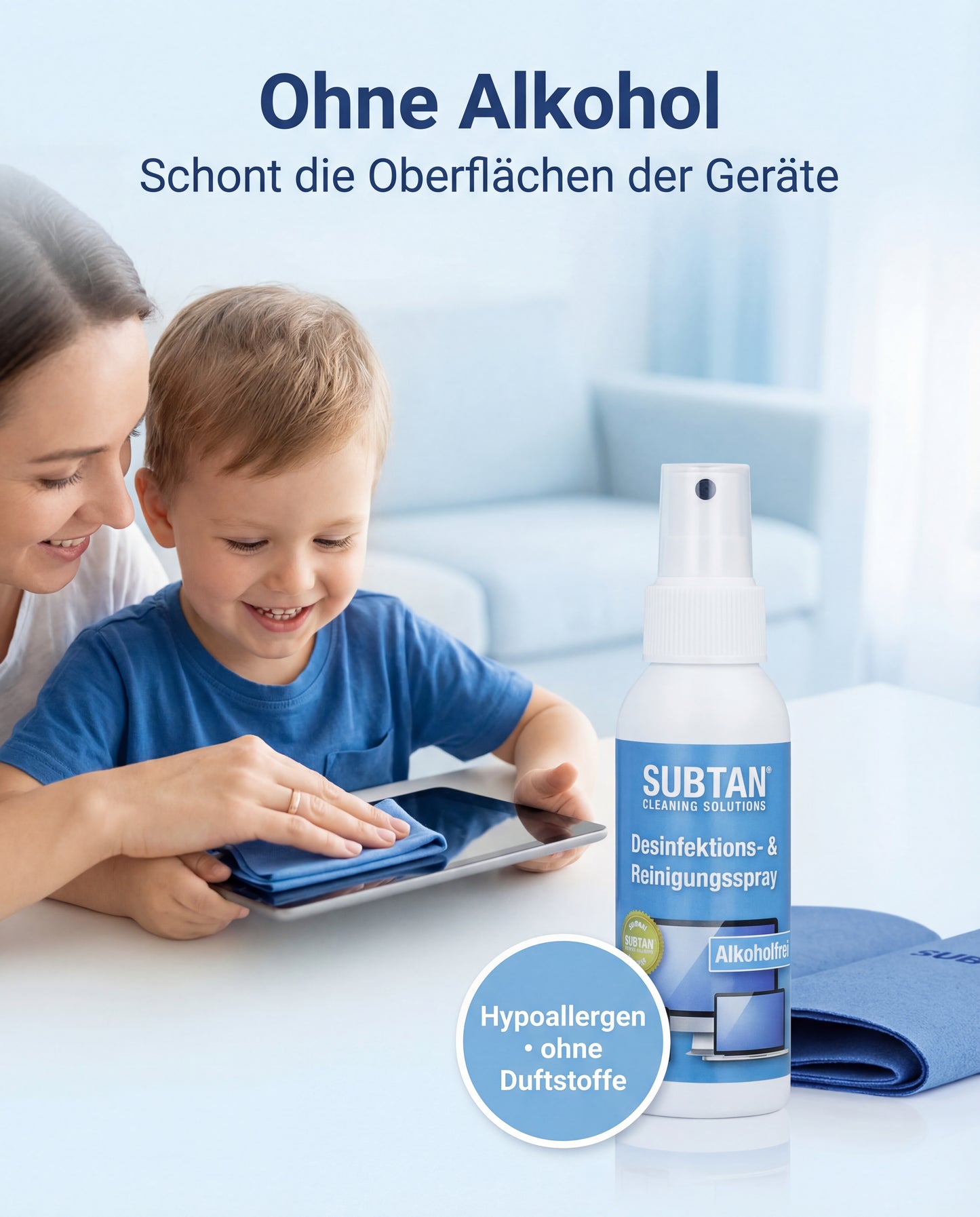 Display-Desinfektionsset SUBTAN® Blue | 100 ml + 2 Tücher