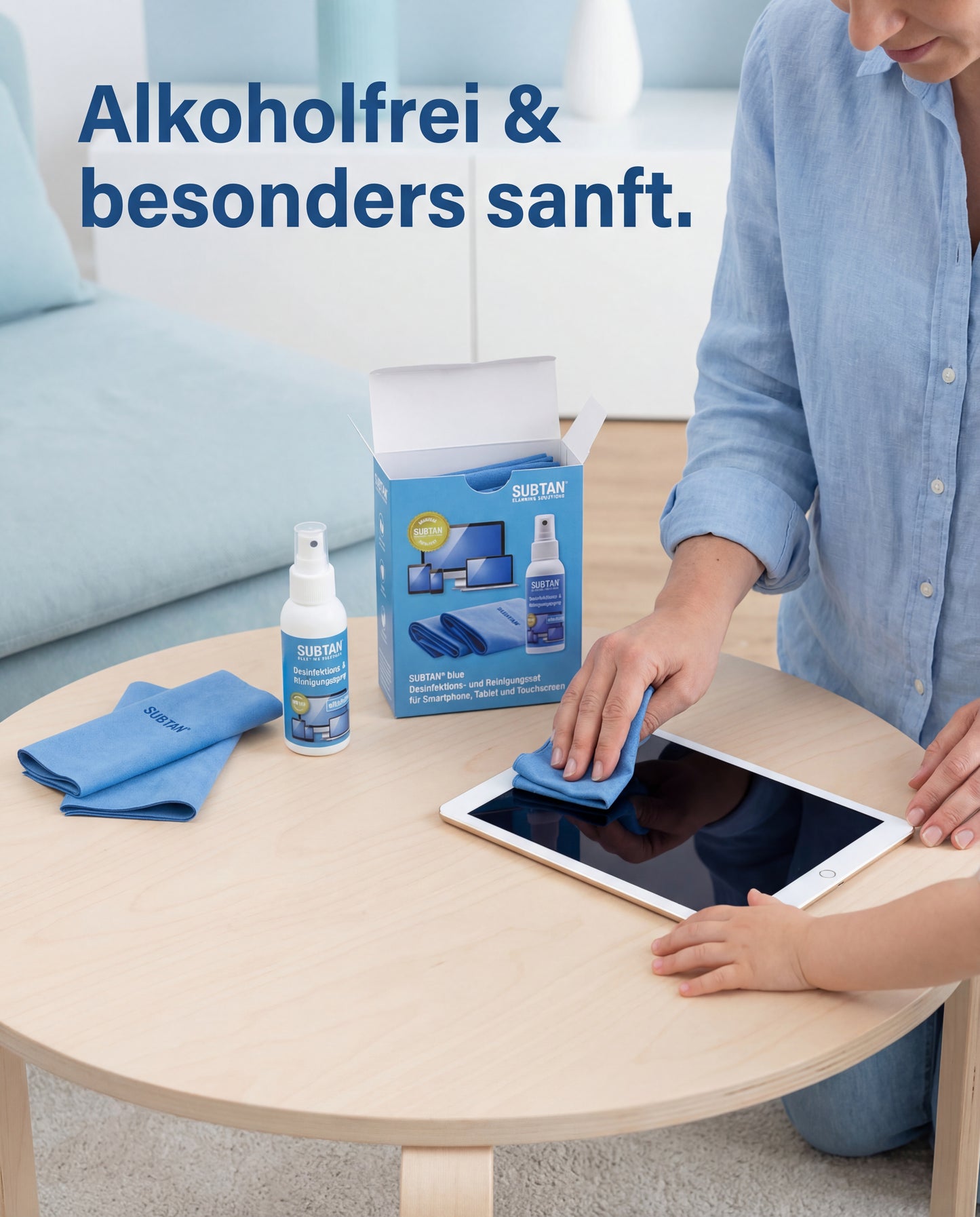 Display-Desinfektionsset SUBTAN® Blue | 100 ml + 2 Tücher
