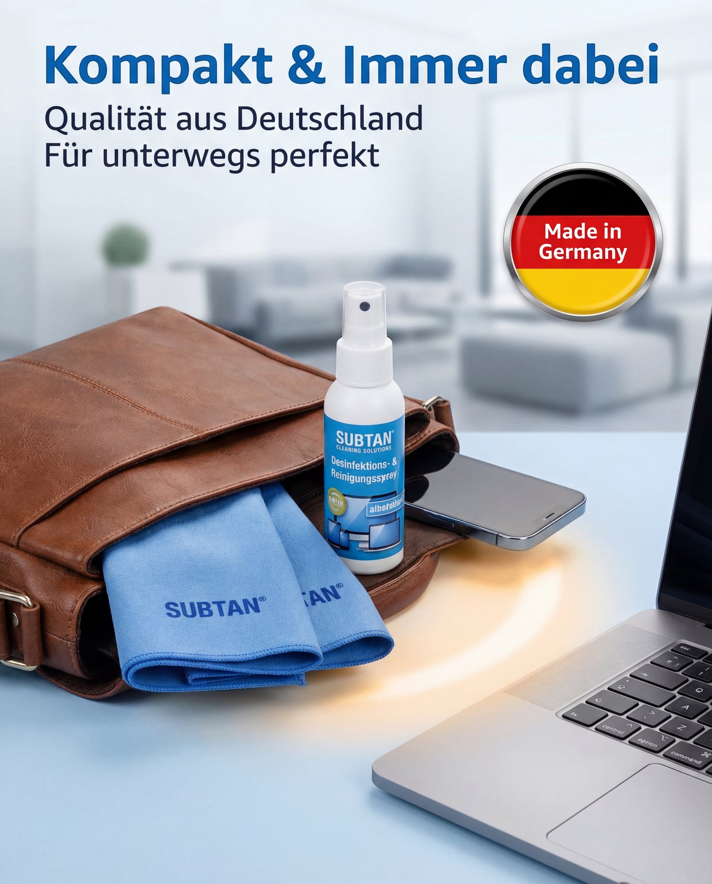 Display-Desinfektionsset SUBTAN® Blue | 100 ml + 2 Tücher